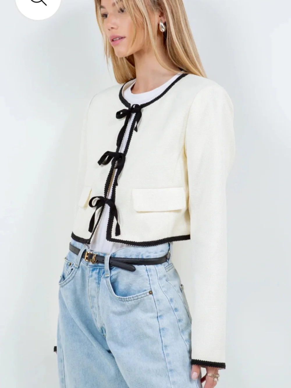 Ivory Cropped Bouclé Top with Black Trim and Bows - Picture 2 of 6